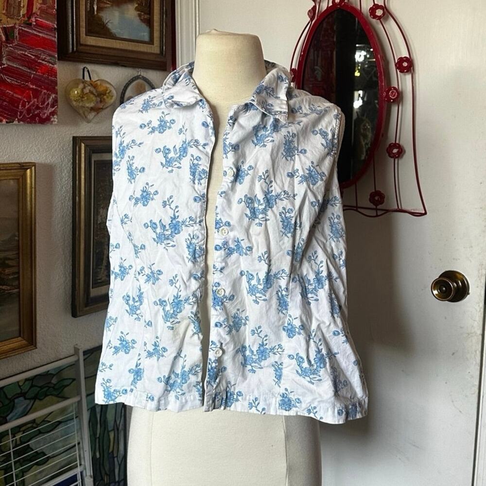 stained faded glory blue floral white button up shirt